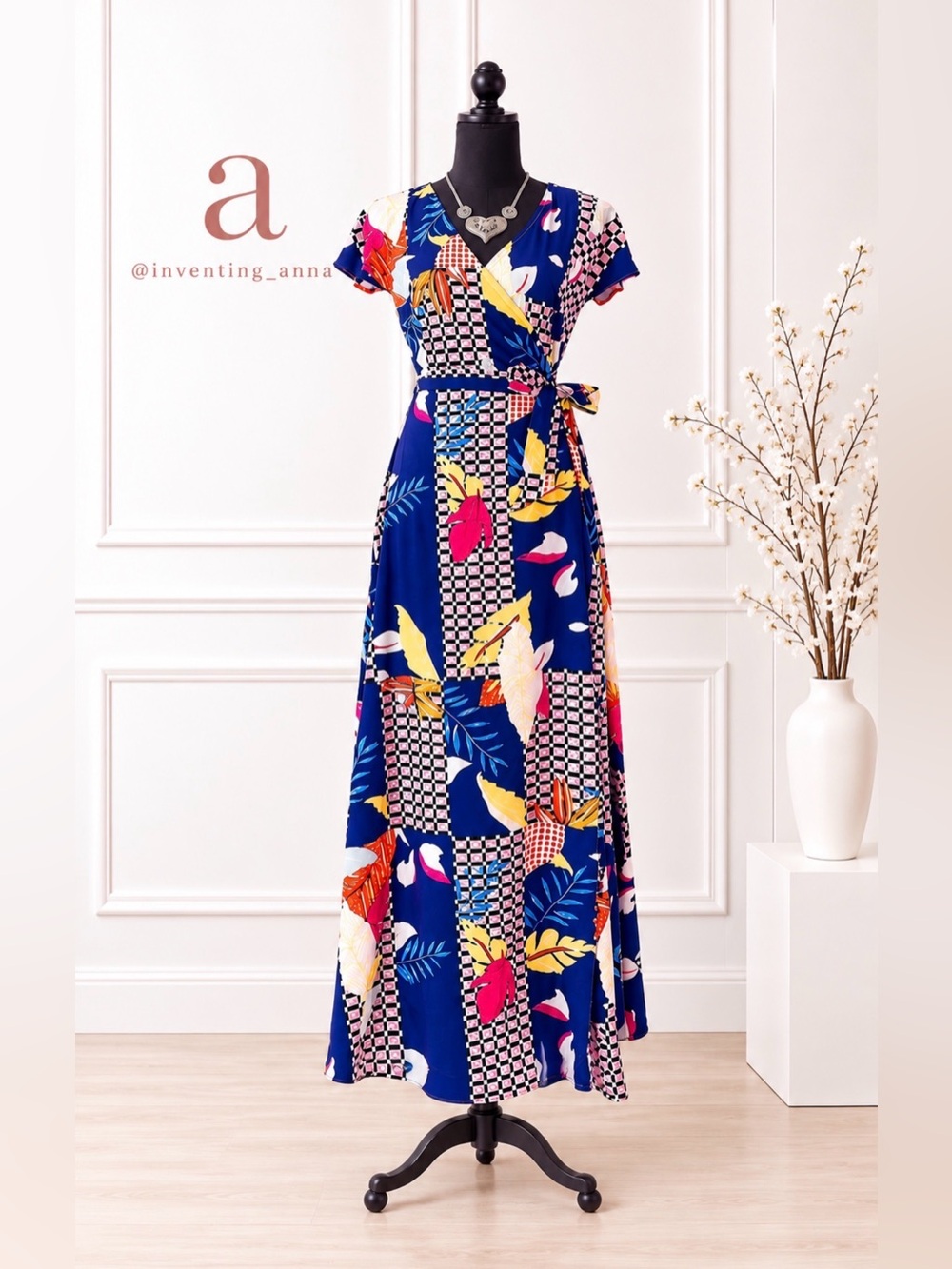 Ever-Pretty Multicolor Floral Wrap Maxi Dress Short Sleeve size M
